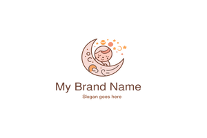 Sleeping Baby on Crescent Moon Surrounded by Stars – Gentle Cartoon Logo for Babycare, Sleep